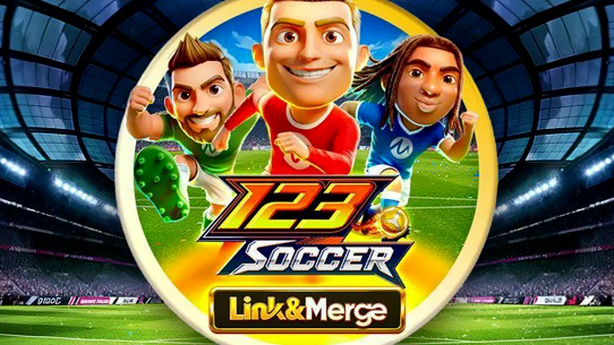 Interface do jogo de slot 123 Soccer Link&Merge mostrando rolos e símbolos de moedas