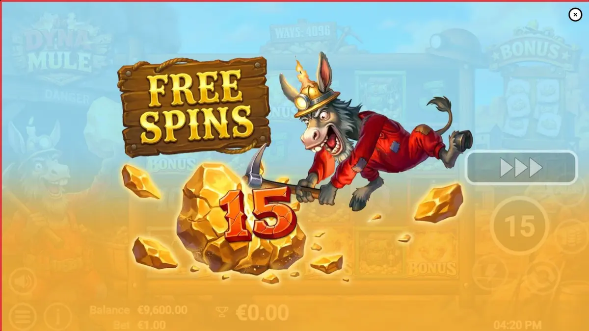 Dyna Mule slot machine interface com tema de mineração e símbolos explosivos