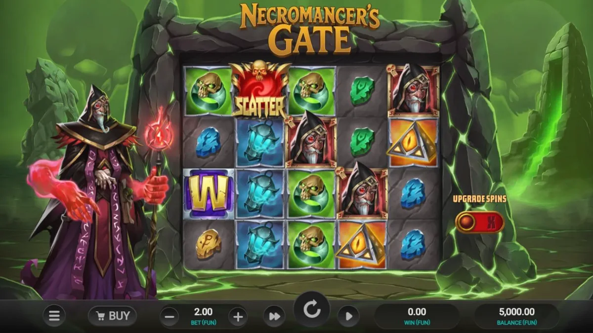 Cenário sombrio e gótico do slot Necromancer’s Gate
