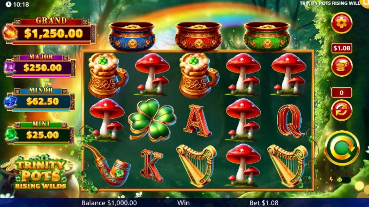 Interface vibrante e colorida do slot Trinity Pots Rising Wilds com elementos temáticos irlandeses